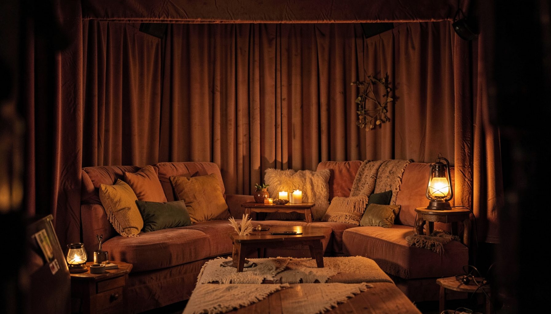 Cozy stage set with warm lantern glow, relaxed replay atmosphere