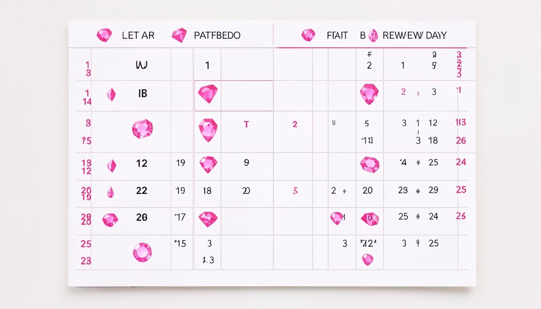Calendar-style layout with pink gem icons marking reward days, organized and encouraging mood
