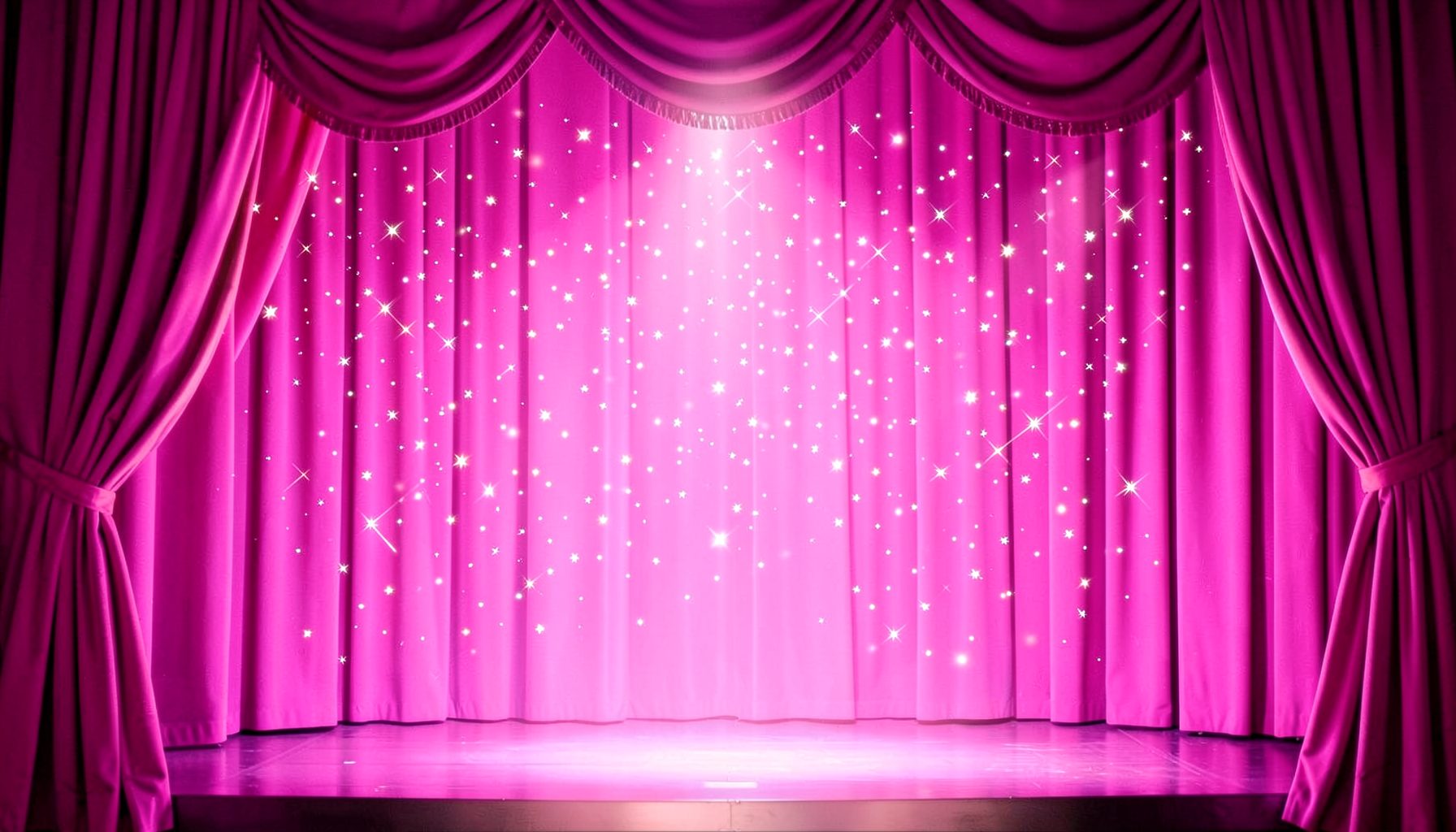 Magical stage with pink curtains and sparkling star effects, theatrical performance setting