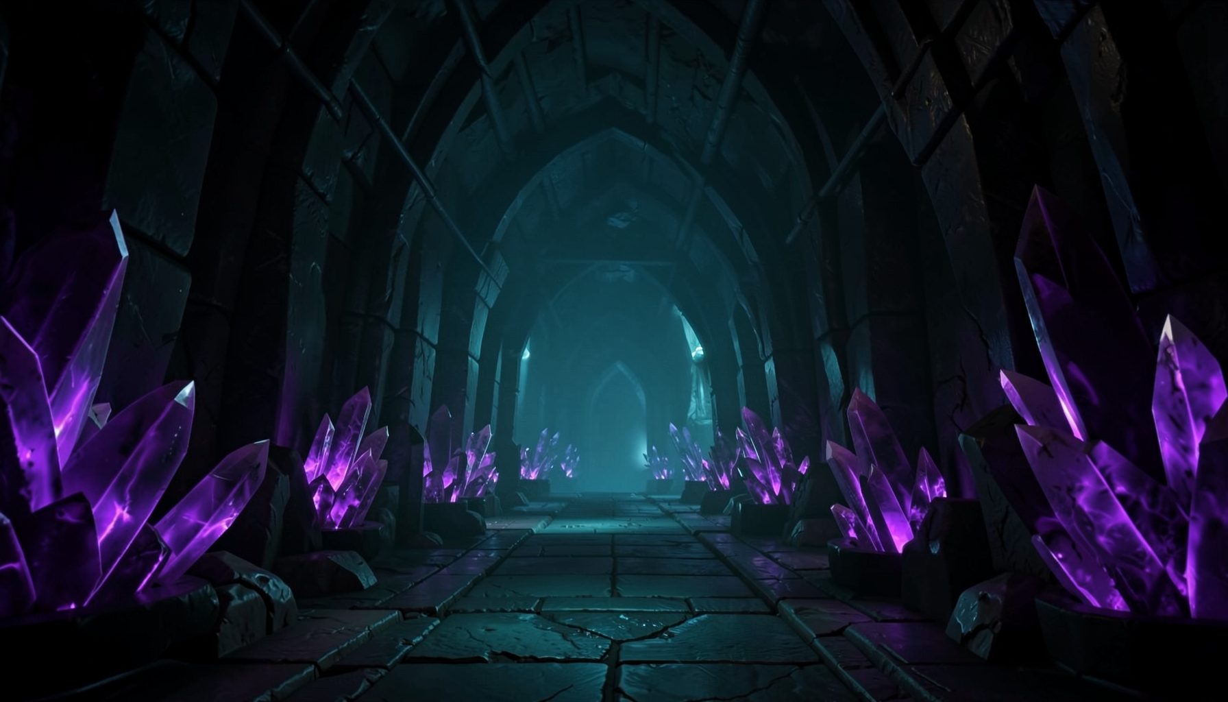 Dark dungeon corridor with purple crystal formations and eerie teal light, challenging RPG boss arena