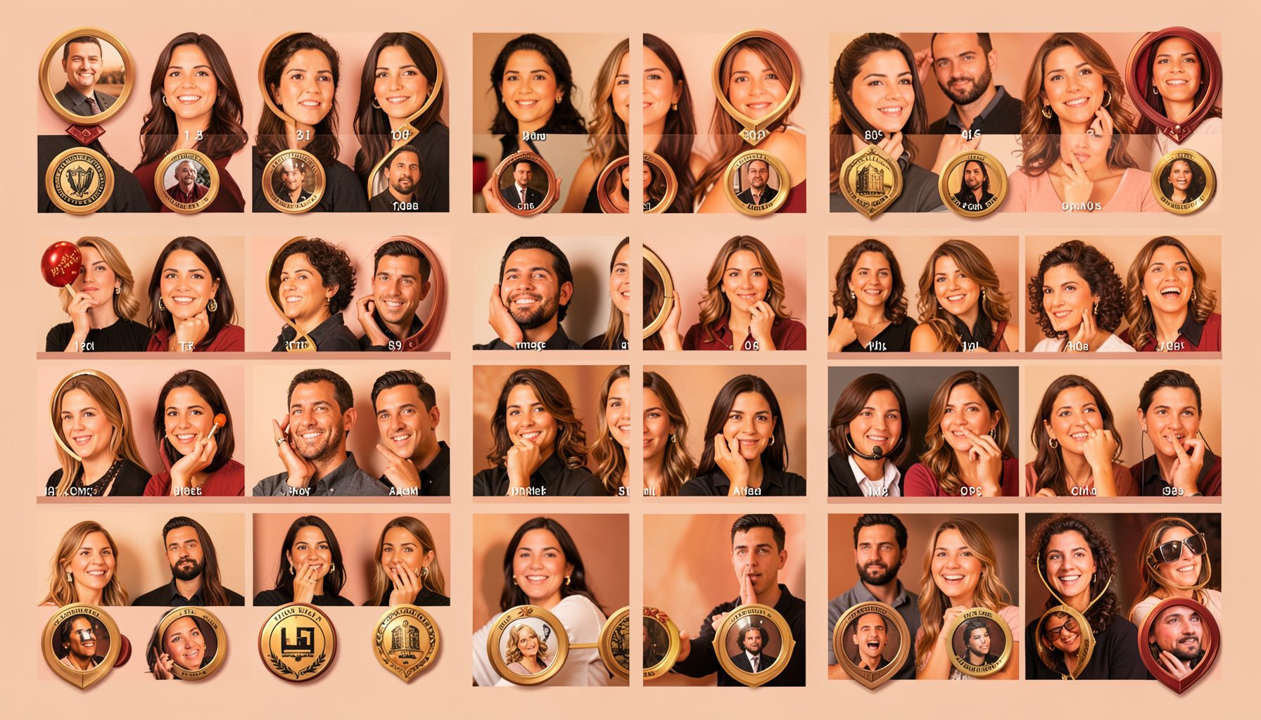 Character roster grid with rank badges, warm amber and rose tones