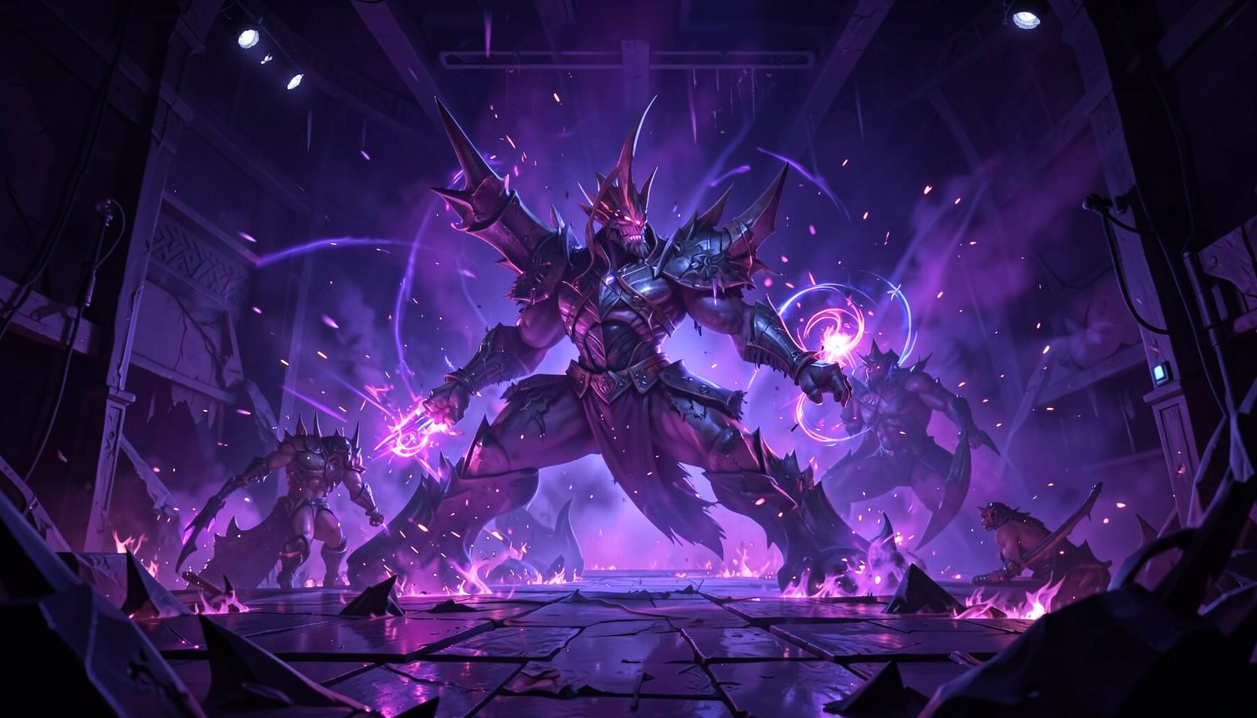 Dark purple battle stage with glowing magical effects, intense boss-fight atmosphere
