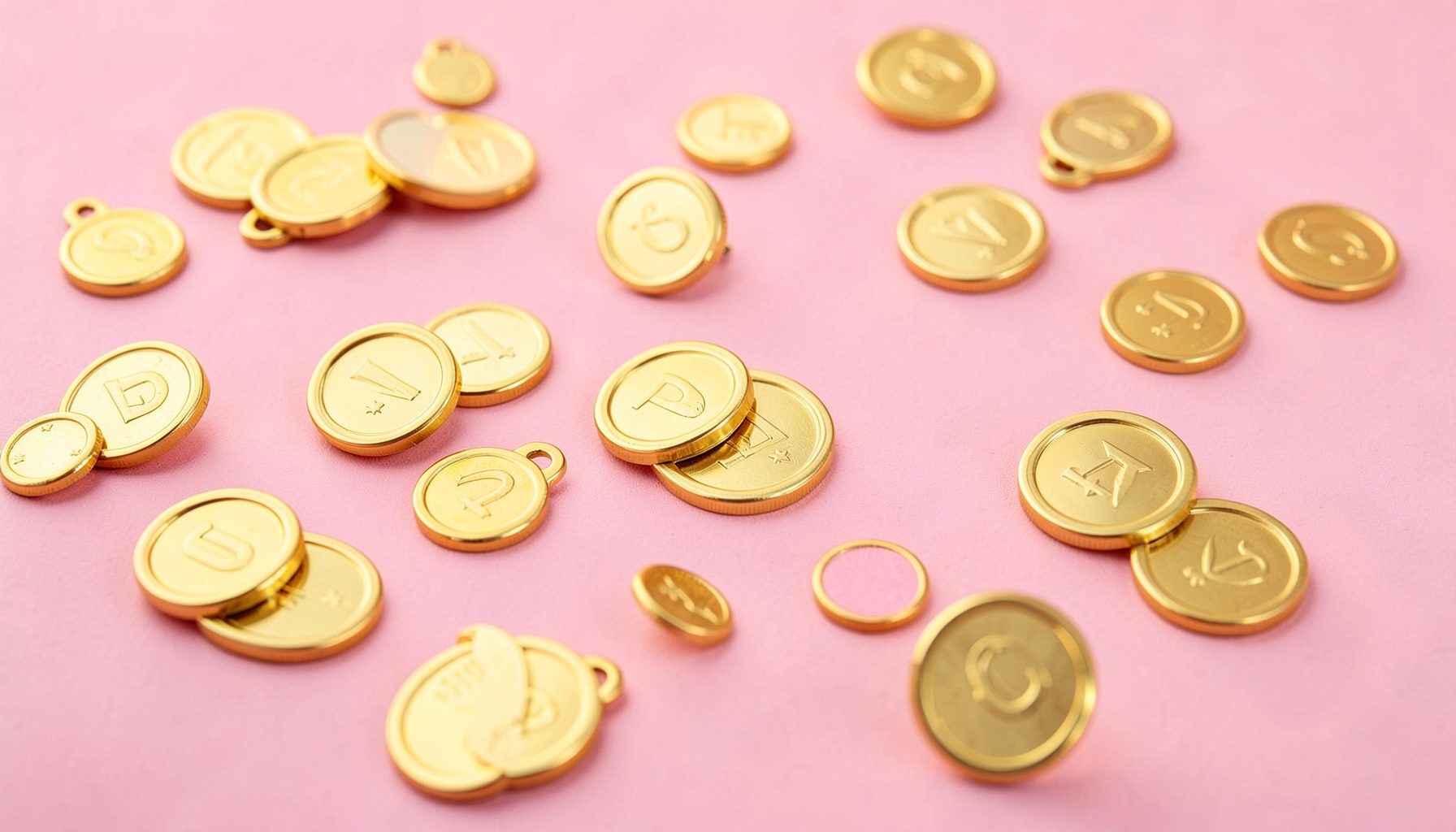 Golden medal icons scattered across a soft pink surface, rewarding and satisfying mood