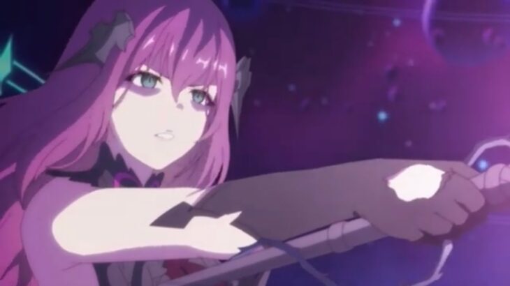 Anime girl with long pink hair aiming a bow, set against a purple and dark cosmic background, dramatic mood