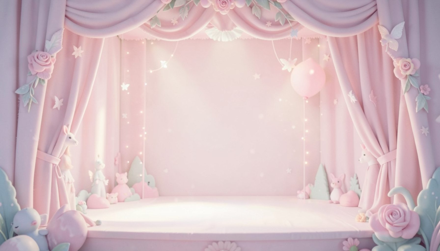 Soft pastel stage with fairy-tale lighting, gentle and nostalgic mood