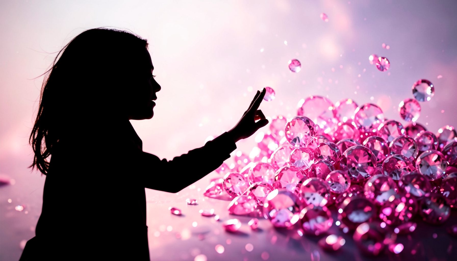 Silhouetted character reaching toward a cluster of sparkling pink jewels, aspirational and dreamy mood