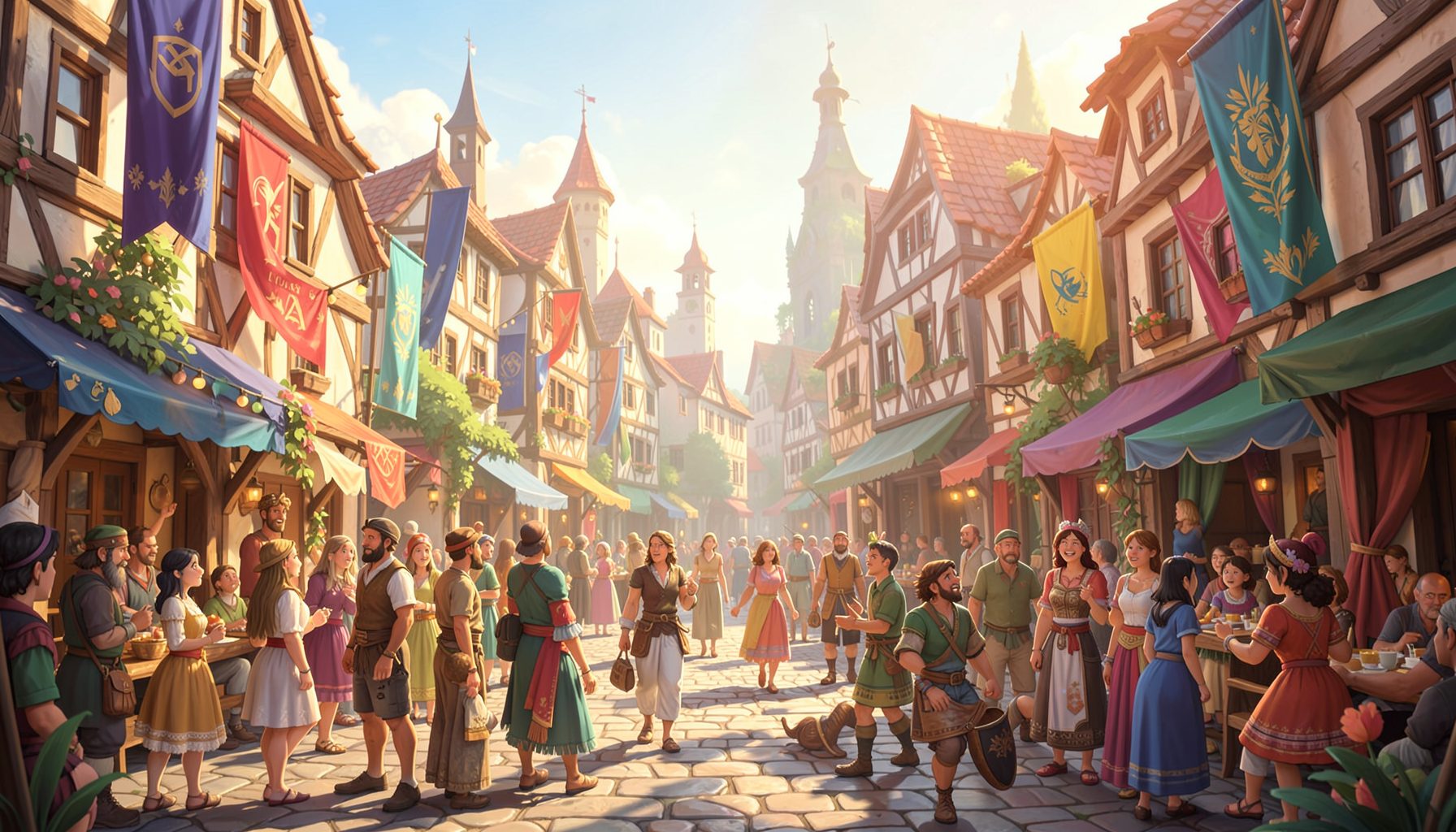 Bright fantasy town square with colorful banners and warm afternoon light, cheerful community gathering