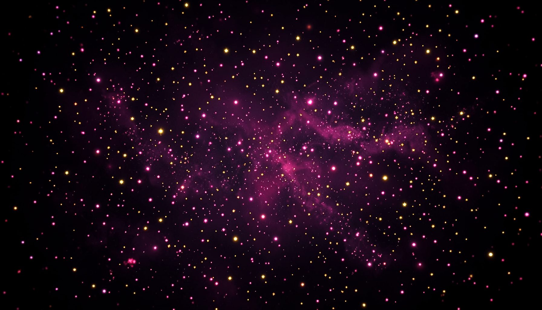Dark cosmic backdrop with glowing pink and gold sparkles, dramatic and exciting mood