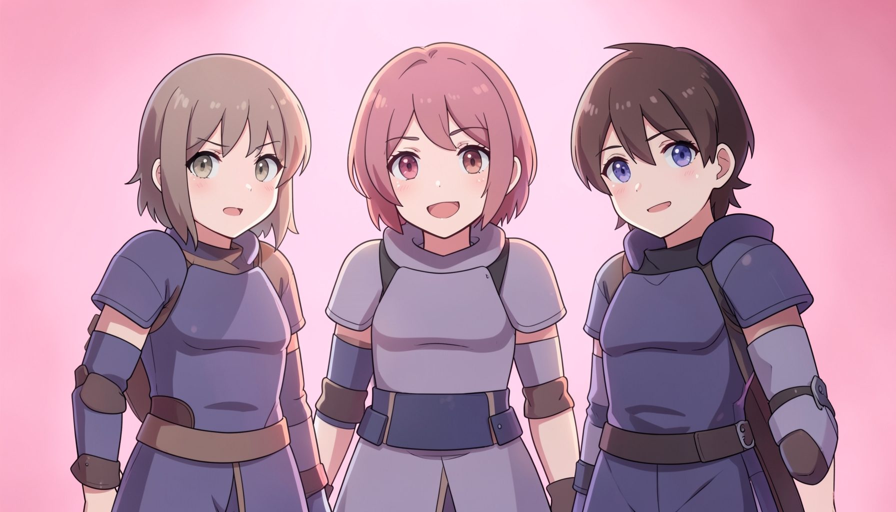 Three anime-style characters in simple armor standing together under soft pink light, determined and friendly mood