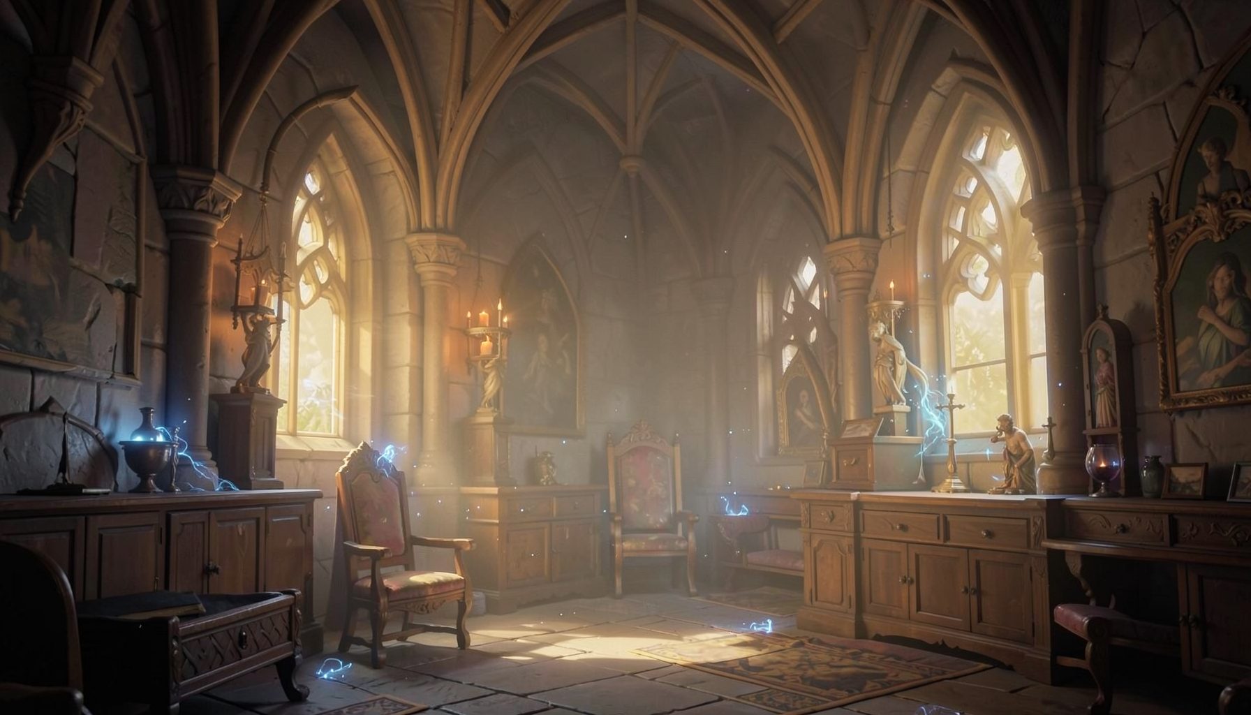 Fantasy castle interior with warm golden lighting and soft blue magical glow, serene RPG atmosphere