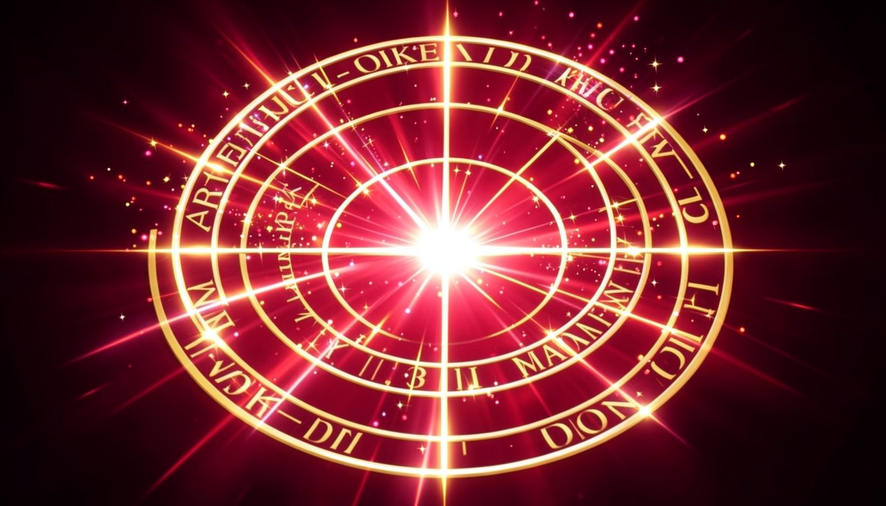 Rich crimson and gold gacha summoning circle with sparkling light effects, exciting pull moment