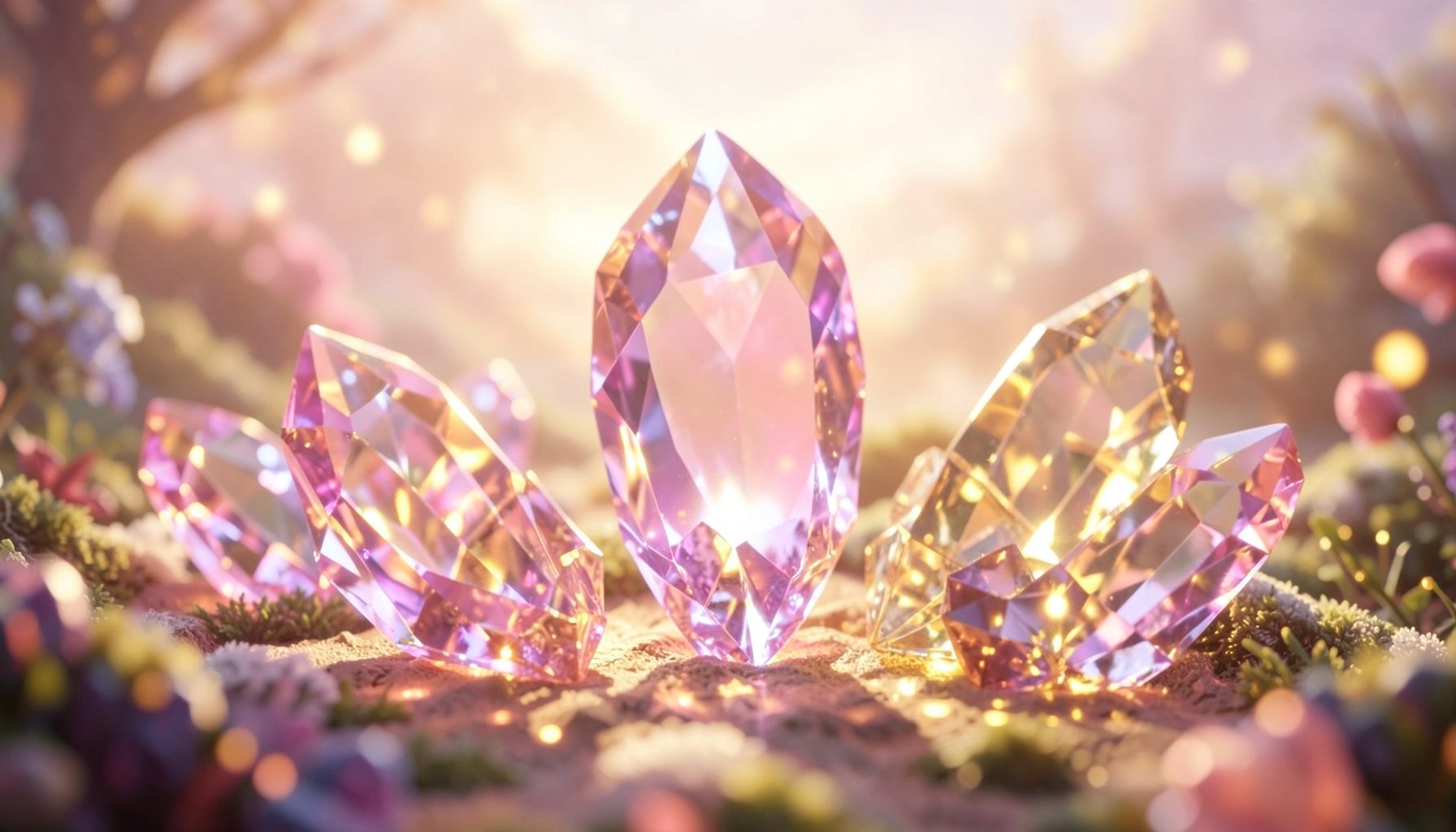 Glowing jewel crystals in pink and gold tones against a soft fantasy backdrop, warm and hopeful mood