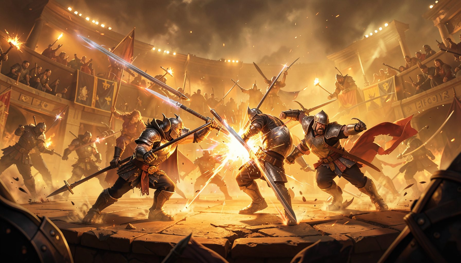 Warm amber and gold battle arena with character skill animations, dramatic clash mood