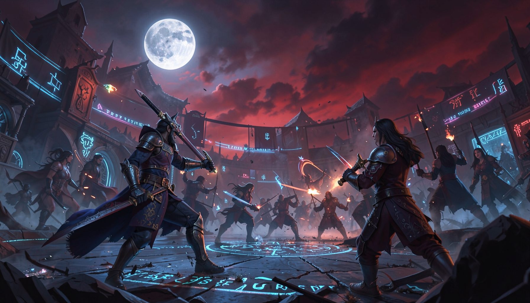 Moonlit clan battle arena with glowing runes and dramatic crimson sky, intense tactical combat scene