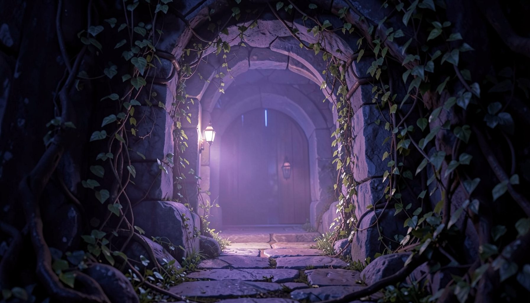 A glowing dungeon entrance framed by vines and soft lavender light, mysterious and inviting mood